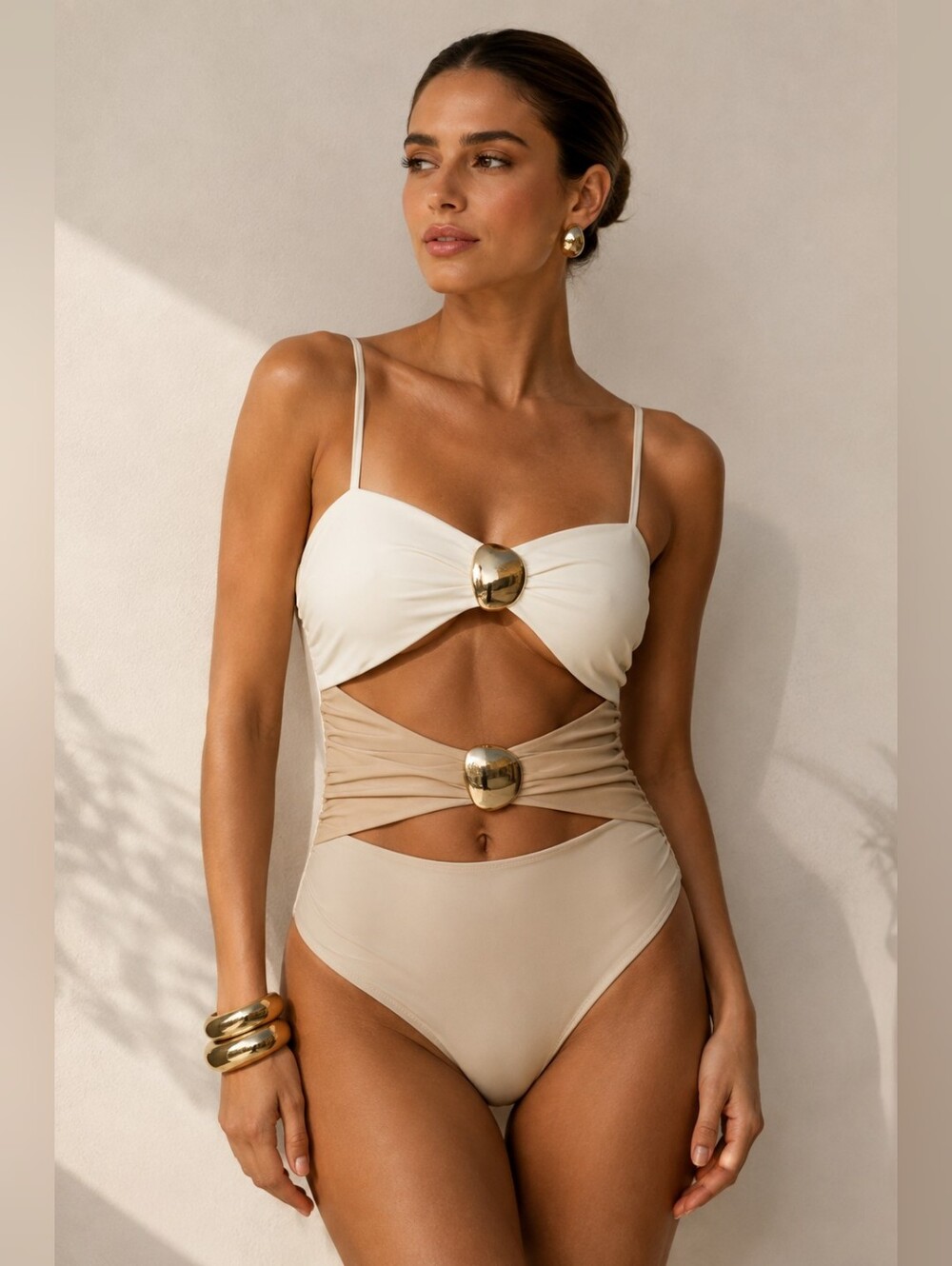 Jluxlabel Ivory Tan Aura Embellished Cutout Bodysuit Sz S Gold Hardware